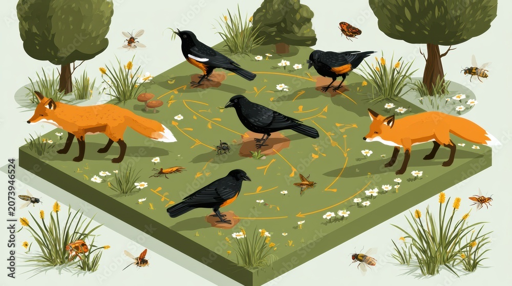 Naklejka premium A colorful meadow shows birds, foxes, insects, and plants in a food web. Arrows depict how living things interact with each other.