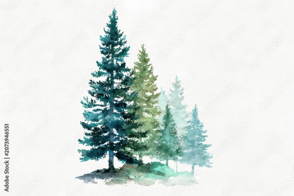 Fototapeta premium Soft watercolor pine forest clip art for design on white background