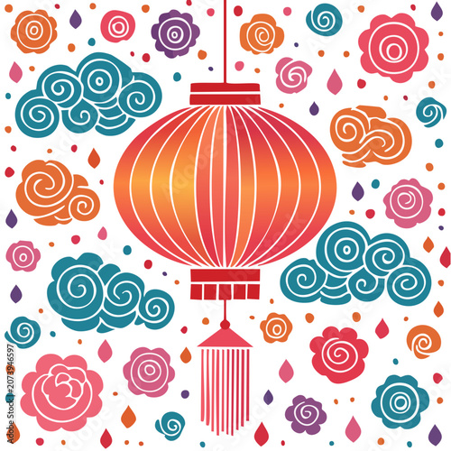 Colorful Paper Lantern with Floral and Cloud Pattern