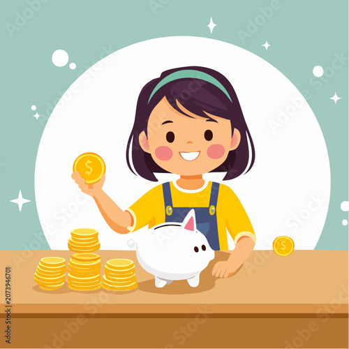 Cute girl saving coins in piggy bank