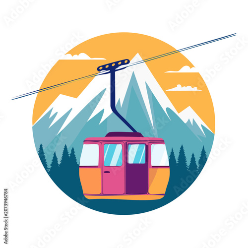 Flat illustration of a cable car over snowy mountains