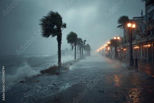 Stormy coast scene with wind-swept palms and street flooding