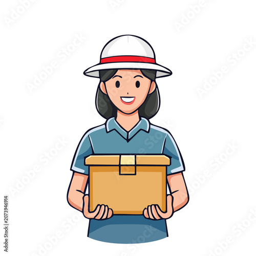 Flat vector illustration of construction worker with toolbox