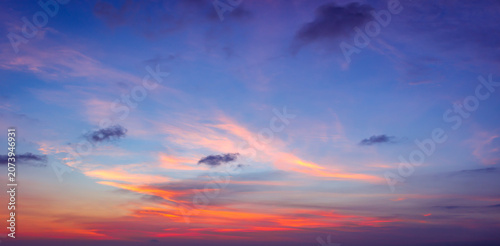 Beautiful sky with clouds at sunset. Panoramic view.