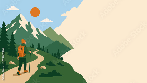 Foto Lone Hiker on Mountain Path: A solo hiker with a backpack and walking stick embarks on a scenic journey up a winding mountain path, surrounded by majestic peaks, evergreen trees