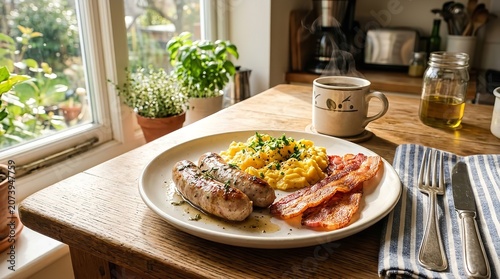 Breakfast on wooden table by window, sunny morning