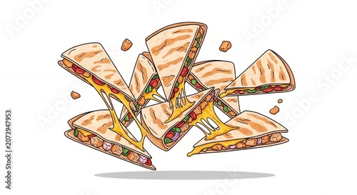 Mexican Chicken Quesadilla Slices with Stretching Melted Cheese and Fresh Vegetables Flying Hand Drawn Illustration