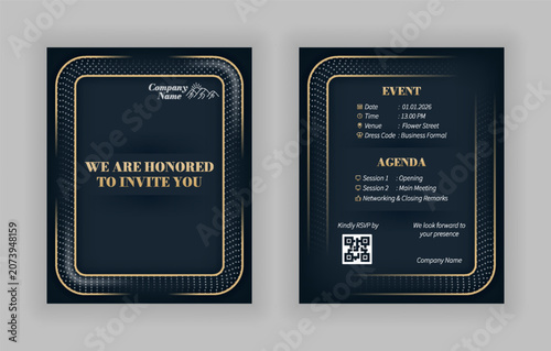 Elegant charcoal and gold corporate invitation card, editable vector template with 