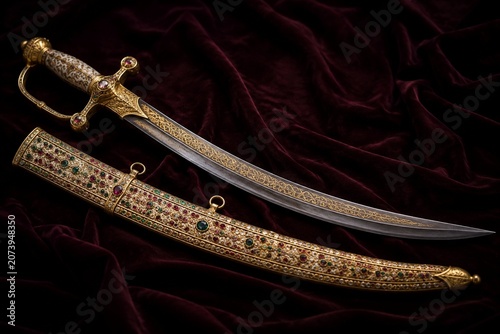 An ornate curved sword with a gem-encrusted scabbard on dark velvet.