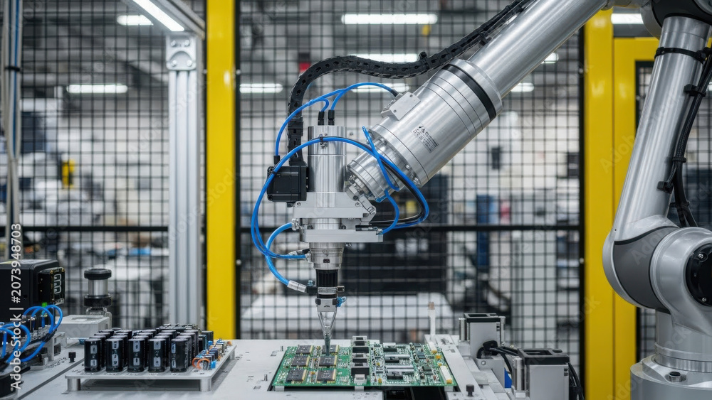 Naklejka premium Roboticarmassemblingcircuitboardsinelectronicmanufacturingfacilitywithprecisioncomponents.
