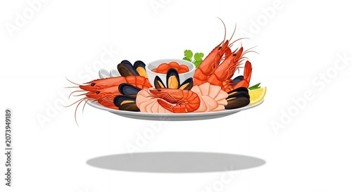Gourmet fresh seafood illustration with prawns, mussels, scallops and lemon isolated on white background