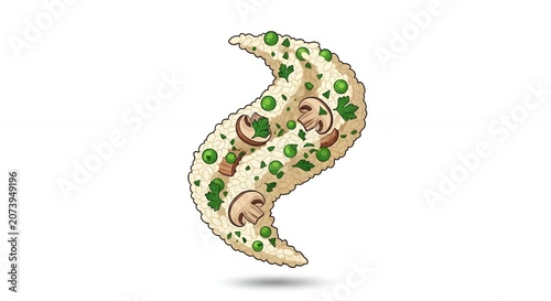 Stylized Delicious Rice Pilaf Illustration with Peas Mushrooms and Parsley in Curvy Shape on White Background