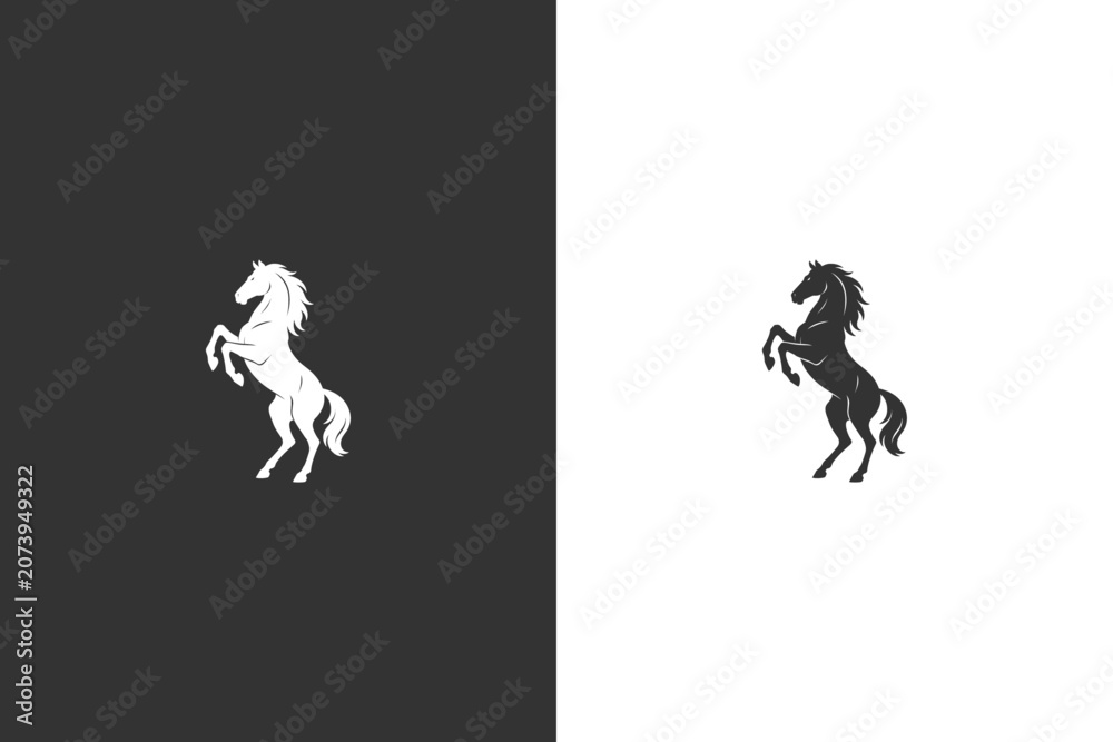 Fototapeta premium A striking silhouette of a horse rearing up on its hind legs, presented in both black and white