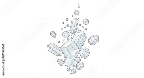 Stylized Vector Design of Blue Faceted Quartz Crystals and Shiny Gemstone Fragments Floating in Minimalist Space