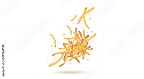 Hand Painted Watercolor French Fries Levitation Effect Scattered Potato Chips Isolated Design Element on White Backgroun