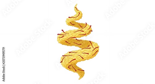 Flying Golden Basmati Rice Grains with Saffron Strands in a Spiral Swirl Isolated on White Background for Culinary Desig