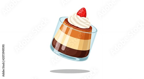 Layered Chocolate and Vanilla Pudding Dessert with Whipped Cream and Fresh Strawberry in Glass Illustration