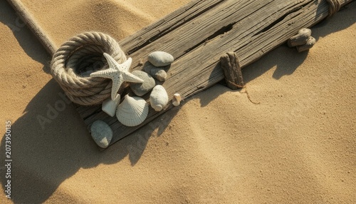 Nautical beach treasures starfish, shells, and rope on weathered wood and sand, perfect for summer vacation announcements, travel blogs, or ocean-themed event invitations