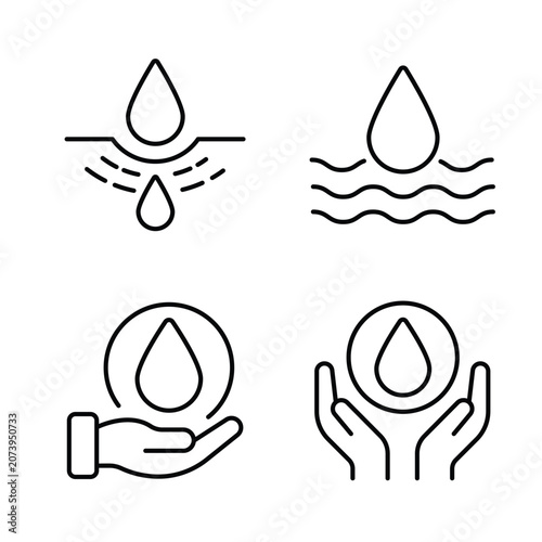 Water drop and skin moisture outline icon set. Skincare product symbol, hydration vector illustration.