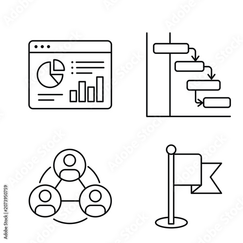 Business productivity and project management outline icon set including data analytics and team work.