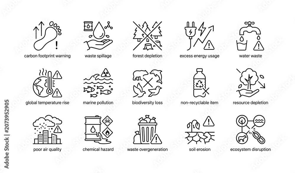 Fototapeta premium Environmental hazard icons illustrating ecological threats on white