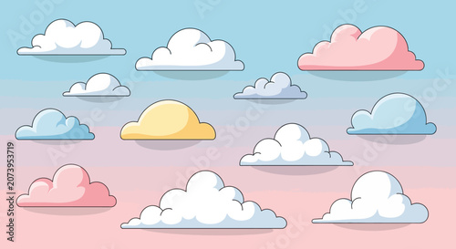 A collection of cartoon fluffy clouds.