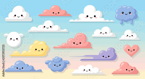 Colorful cartoon clouds with smiling faces.