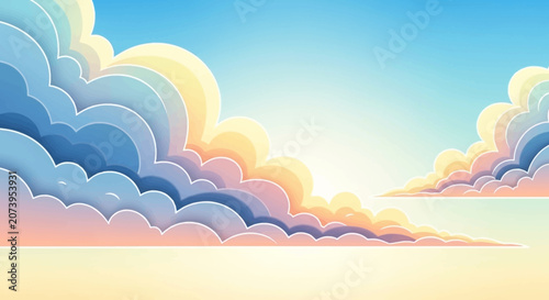 a serene cartoon sunrise with fluffy clouds.