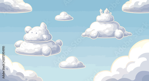 Whimsical cartoon clouds in the sky.