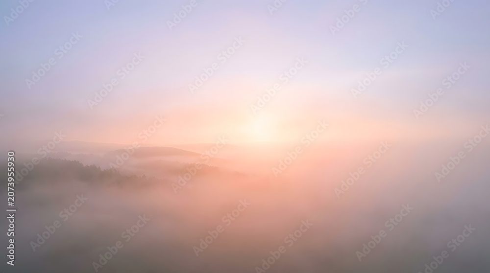 Fototapeta premium Early morning mist blankets a serene landscape, illuminated by a gentle gradient of dawn light