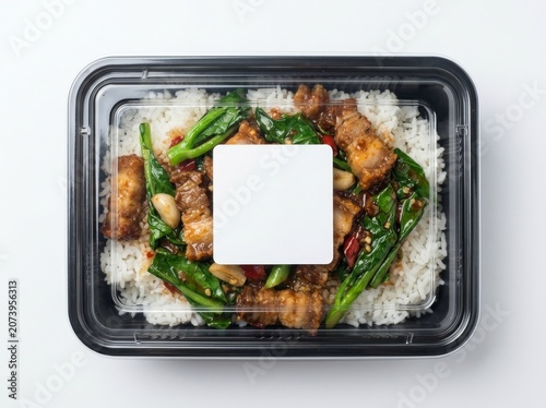 Realistic Packaging Mockup for Thai Crispy Pork and Chinese Kale Stir-Fry with Rice Ready Meal
