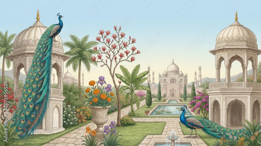 Fototapeta premium Panoramic Vintage Chinoiserie Mughal Garden Wallpaper with Twin Marble Pavilions and Elegant Peacocks