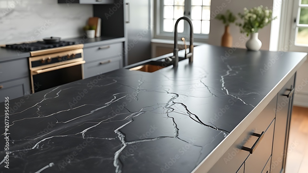 Fototapeta premium A dark grey soapstone kitchen countertop with carved patterns and soft light.