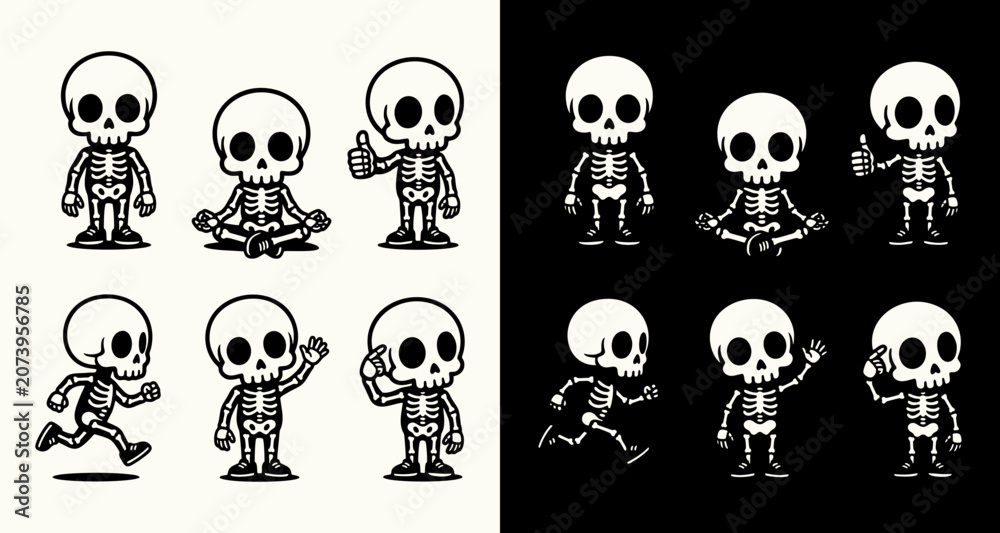Obraz premium Cute Skeleton Mascot Logo Vector Set: Funny Cartoon Chibi Skull Characters in Yoga, Running, and Waving Poses for Halloween, Stickers, and Brand Identity