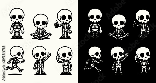 Cute Skeleton Mascot Logo Vector Set: Funny Cartoon Chibi Skull Characters in Yoga, Running, and Waving Poses for Halloween, Stickers, and Brand Identity