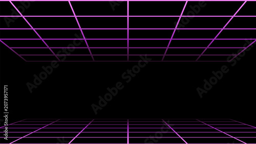 Retro Neon Grid Background with Copy Space – Synthwave Futuristic Wireframe. Vector Illustration