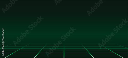Green Neon Grid Background – Retro Futuristic Synthwave Wireframe. Vector Illustration
