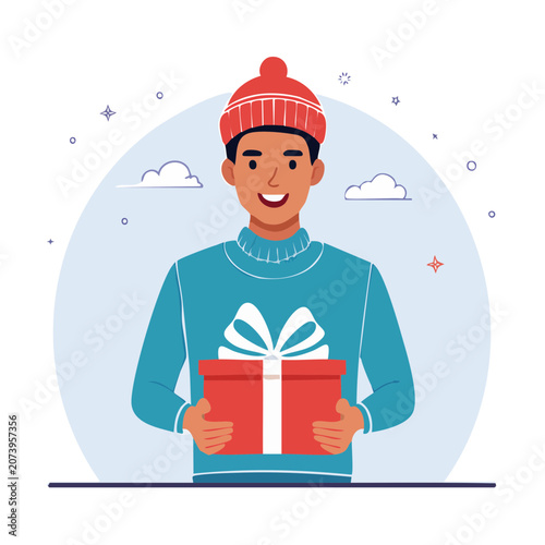 Man holding gift box in winter clothing flat illustration