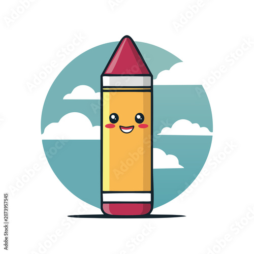 Smiling Crayon Character with Clouds Background