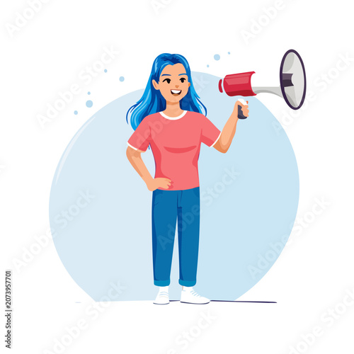 Woman holding megaphone flat vector illustration