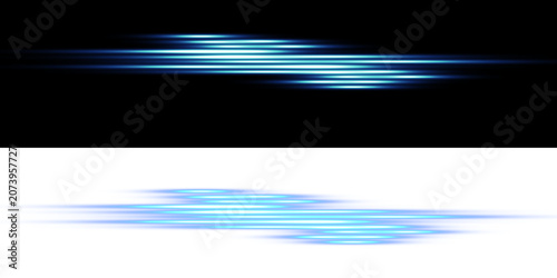 Canvastavla Horizontal cyan light streaks and glowing motion blur lines on black and white b