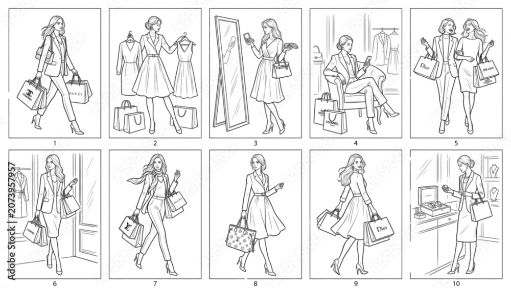 Fototapeta premium Luxury Lifestyle Shopping Poses Line Art Collection | 10 Premium Fashion Retail Vector Pack