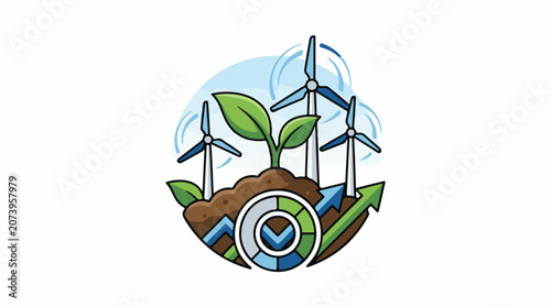 A cartoon graphic depicting a pile of dirt with a green plant growing out of it surrounded by three wind turbines