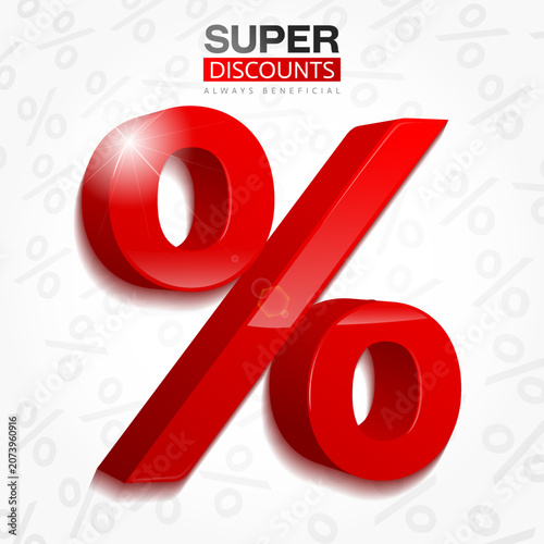 Billede på lærred Vector volumetric red percent sign on a light background
