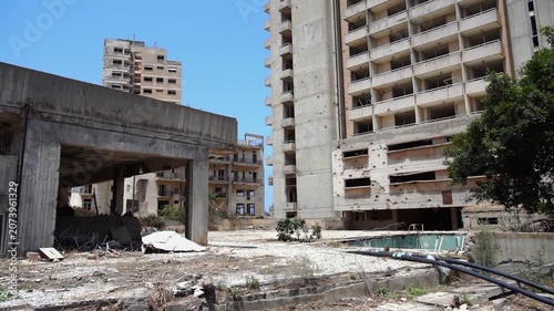 Abandoned hotels and buildings in Varosha, Famagusta, Cyprus, a ghost town forbidden zone under military control