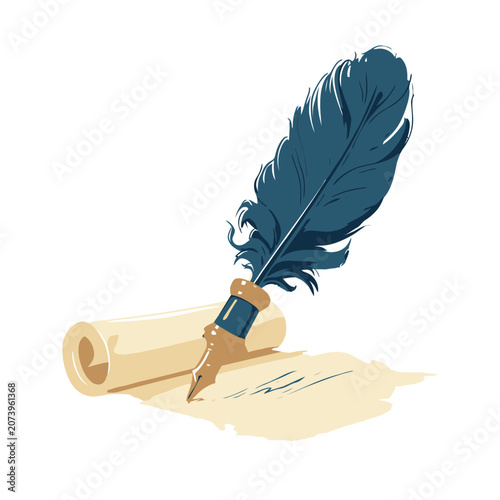 Quill Pen and Scroll Flat Vector Illustration