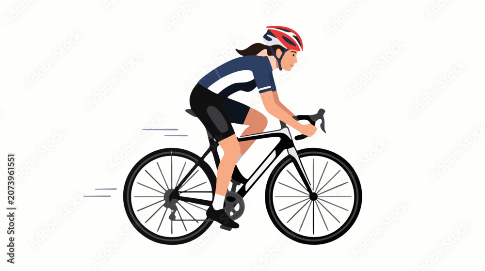 Fototapeta premium Flat vector illustration of a female cyclist riding a road bike fast with exercise