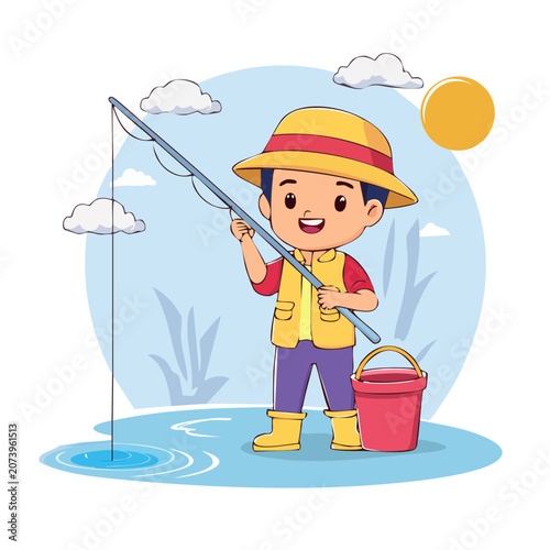 Cartoon boy fishing with rod and bucket