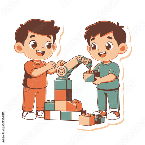 Cartoon boys playing with robot and building blocks