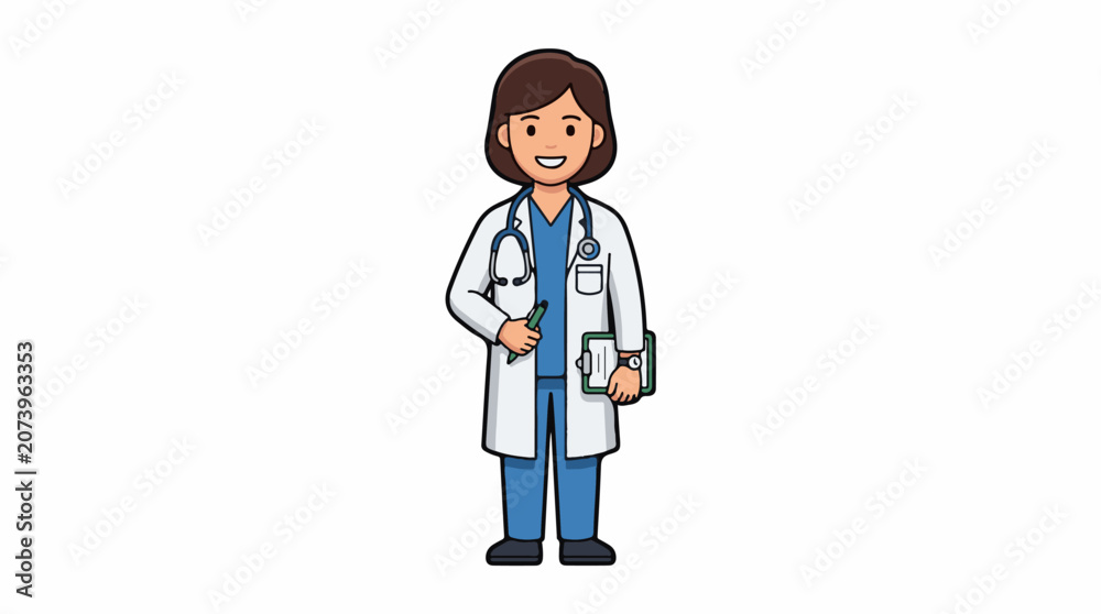 Fototapeta premium A cartoon illustration of a smiling female doctor wearing a white lab coat, blue scrubs, and a stethoscope